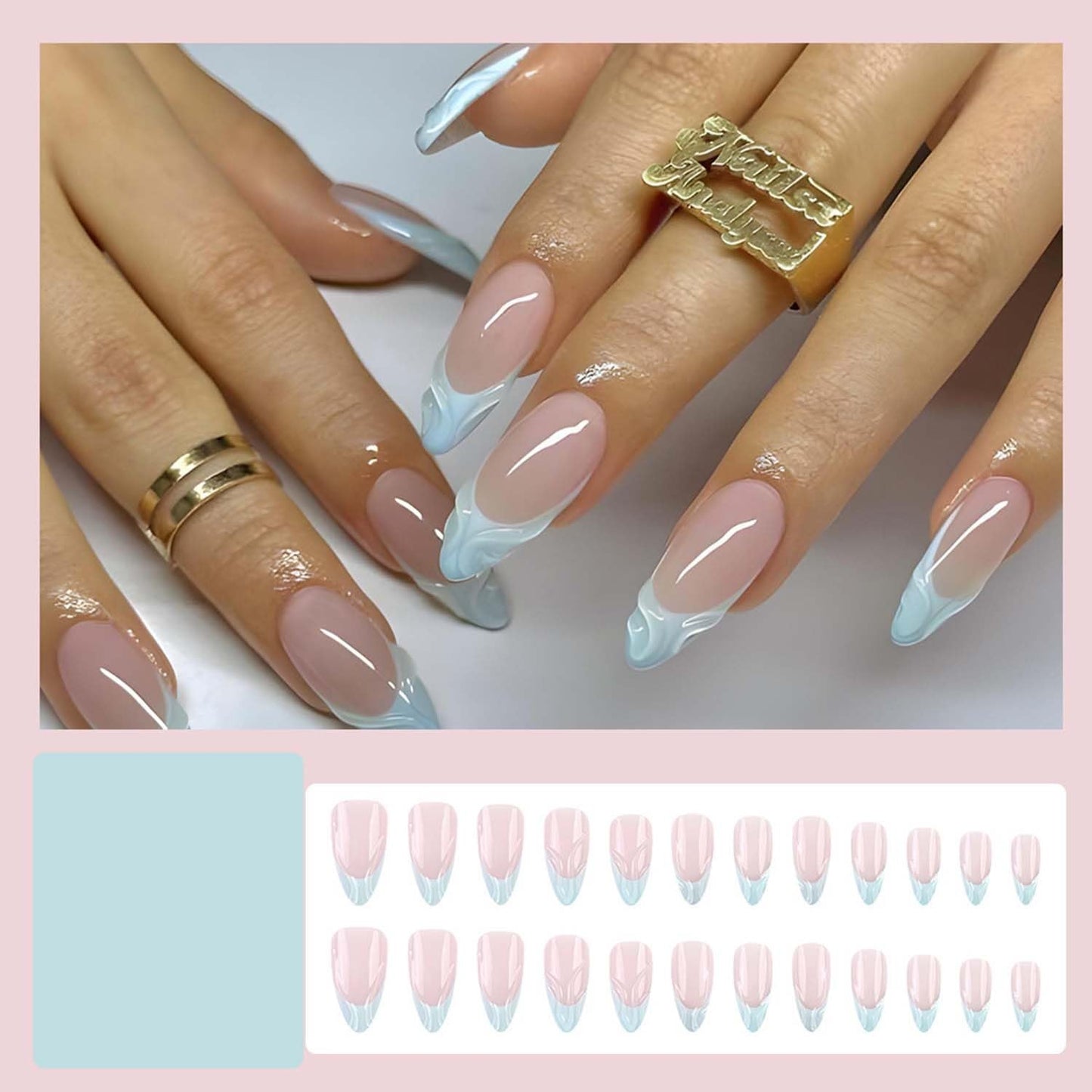 Almond Press On Nails Medium Fake Nails Blue French Tip False Nails With 3D Design Nude Acrylic False Nails Full Cover Artificial Glue On Nail Reusable Stick On Nail For Women Manicure 24pcs