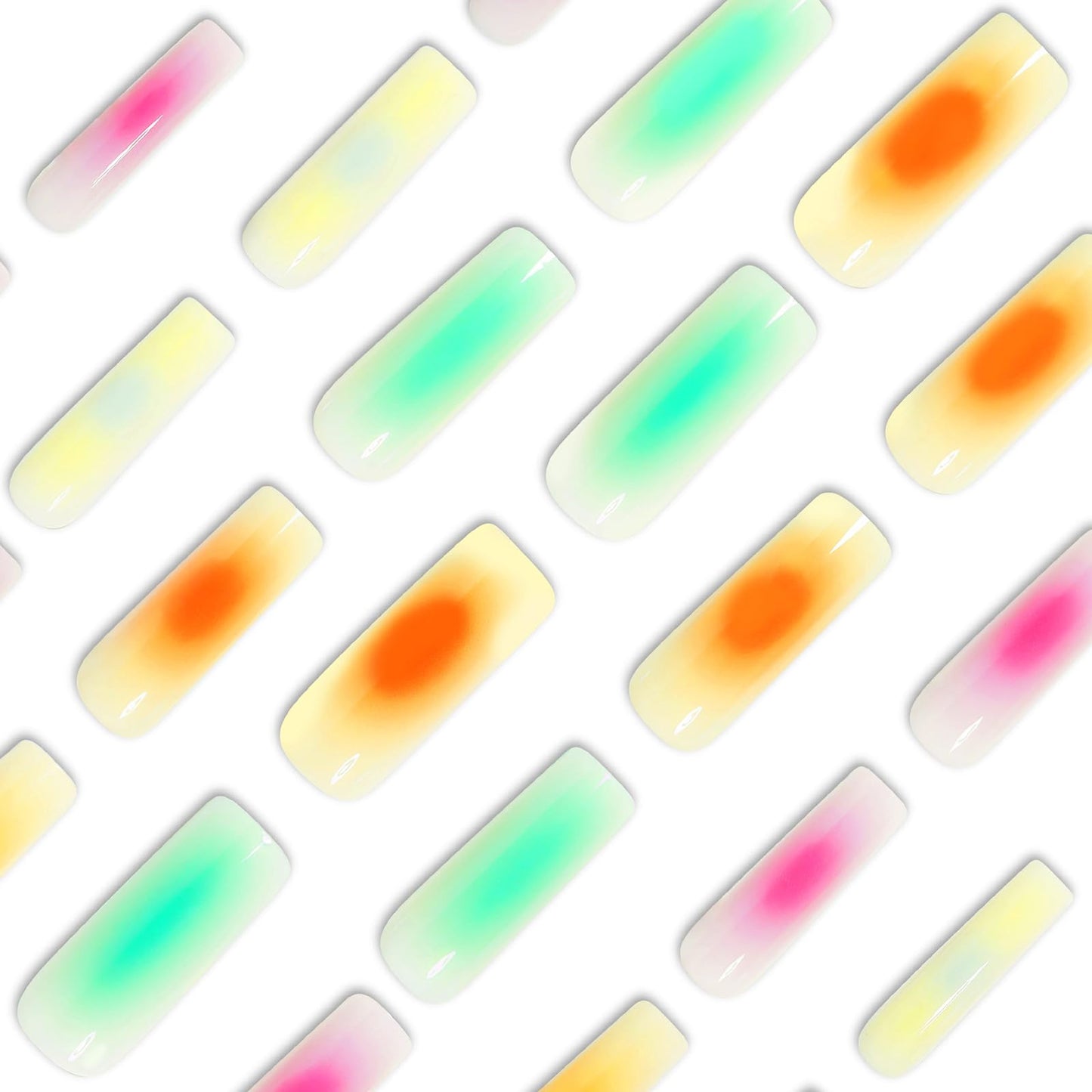 MISUD Press on Nails - Long Square Fake Nails with Summer Colorful, Acrylic Rainbow Ombre Design 24 pcs