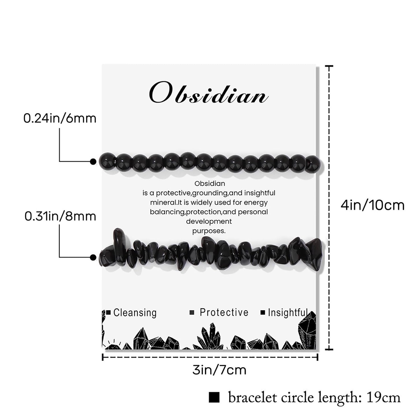 Lit Wall 2Pcs Black Tourmaline Bracelets for Women & Men, Black Onyx & Obsidian Beaded Bracelets, Elastic Adjustable Size, Black Crystal Bracelets for Unisex Adults