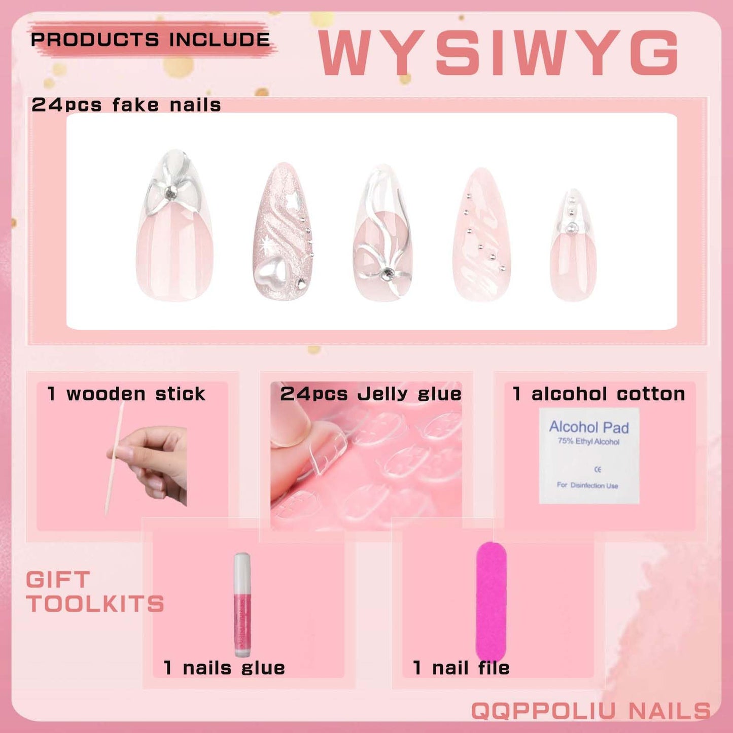 QQPPOLIU Medium Press On Nails Almond Shape with 3D Coat Glue On Nails French Tip Full Cover Nails 24pcs for Women and Girls
