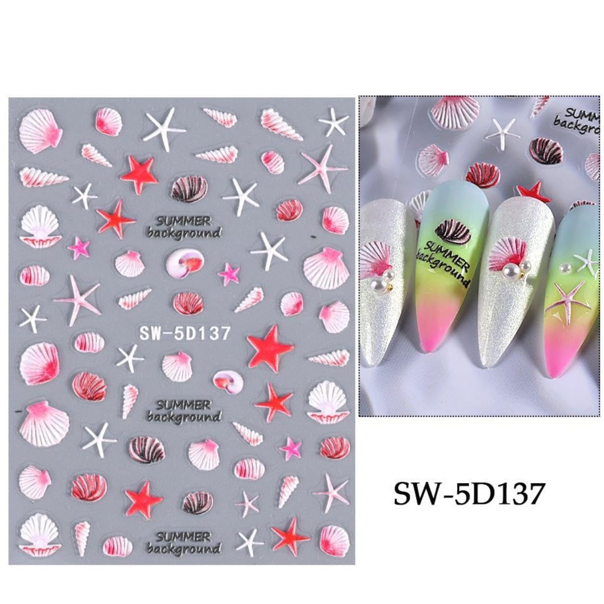 Ocean Nail Stickers 5D Embossed Seashell Nail Stickers 3D Self-Adhesive Blue Starfish Summer Nail Decals with Designs Purple Jellyfish Coral Nails Manicure Accessories for Women 5 Sheets
