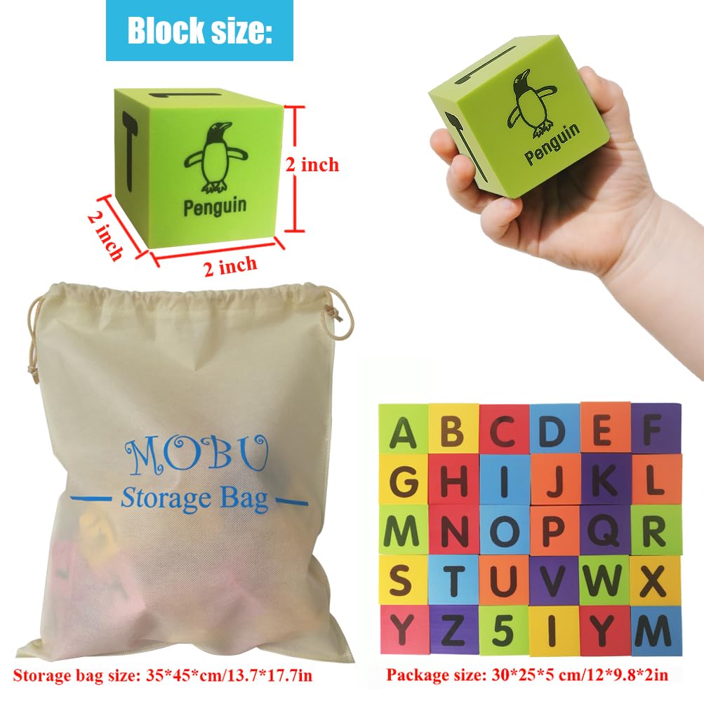 MOBU Foam Building Blocks for Toddlers,30 pcs 2-inch Alphabet Letters Number Blocks with Storage Bag, Learning ABC, 123 Stacking Blocks for Kids