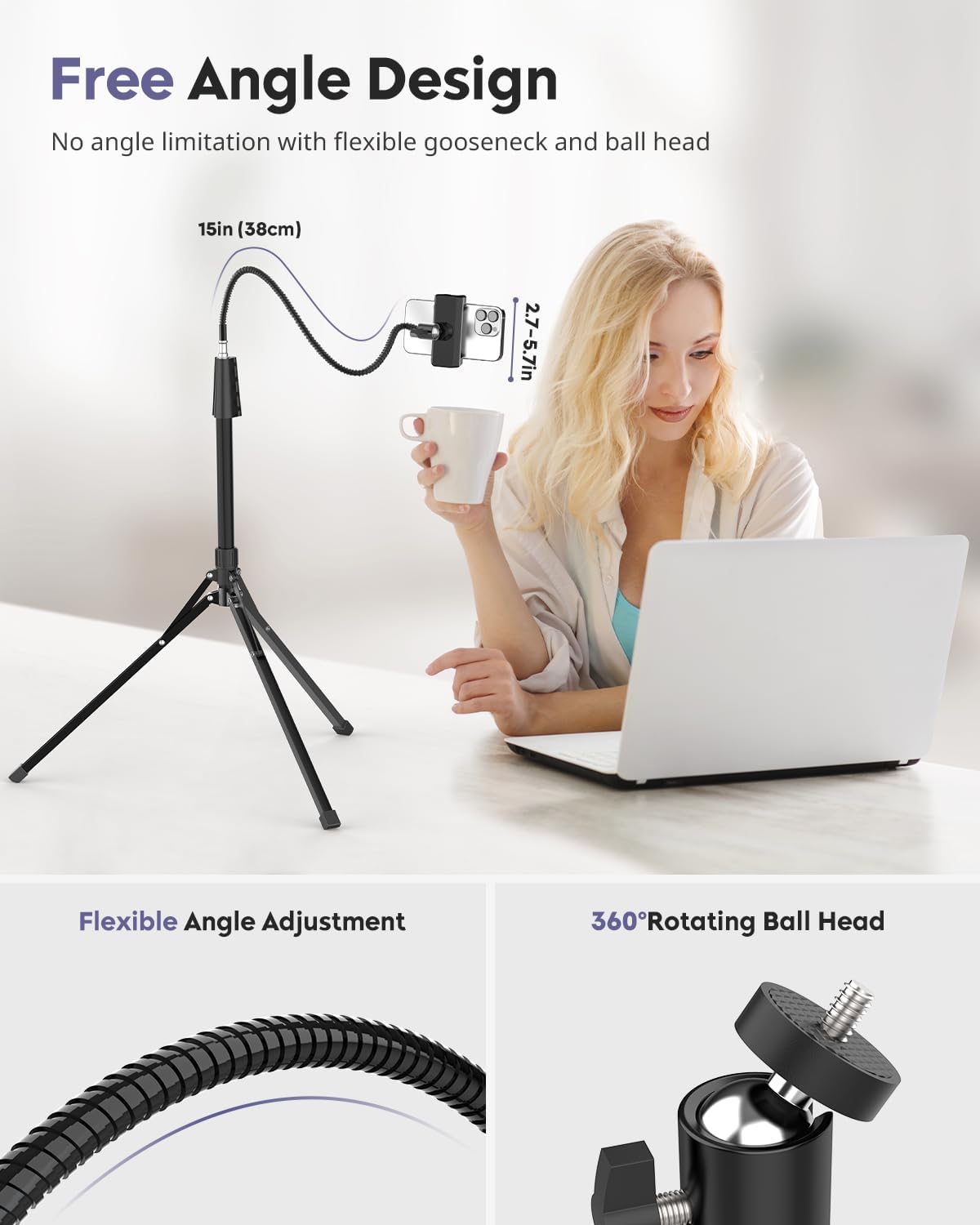 Aureday Phone Tripod, 92" Cell Phone Stand with 15" Gooseneck, Remote and Phone Holder, Overhead & Selfie Stick for Recording/Watching/Vlog, Compatible with iPhone Android
