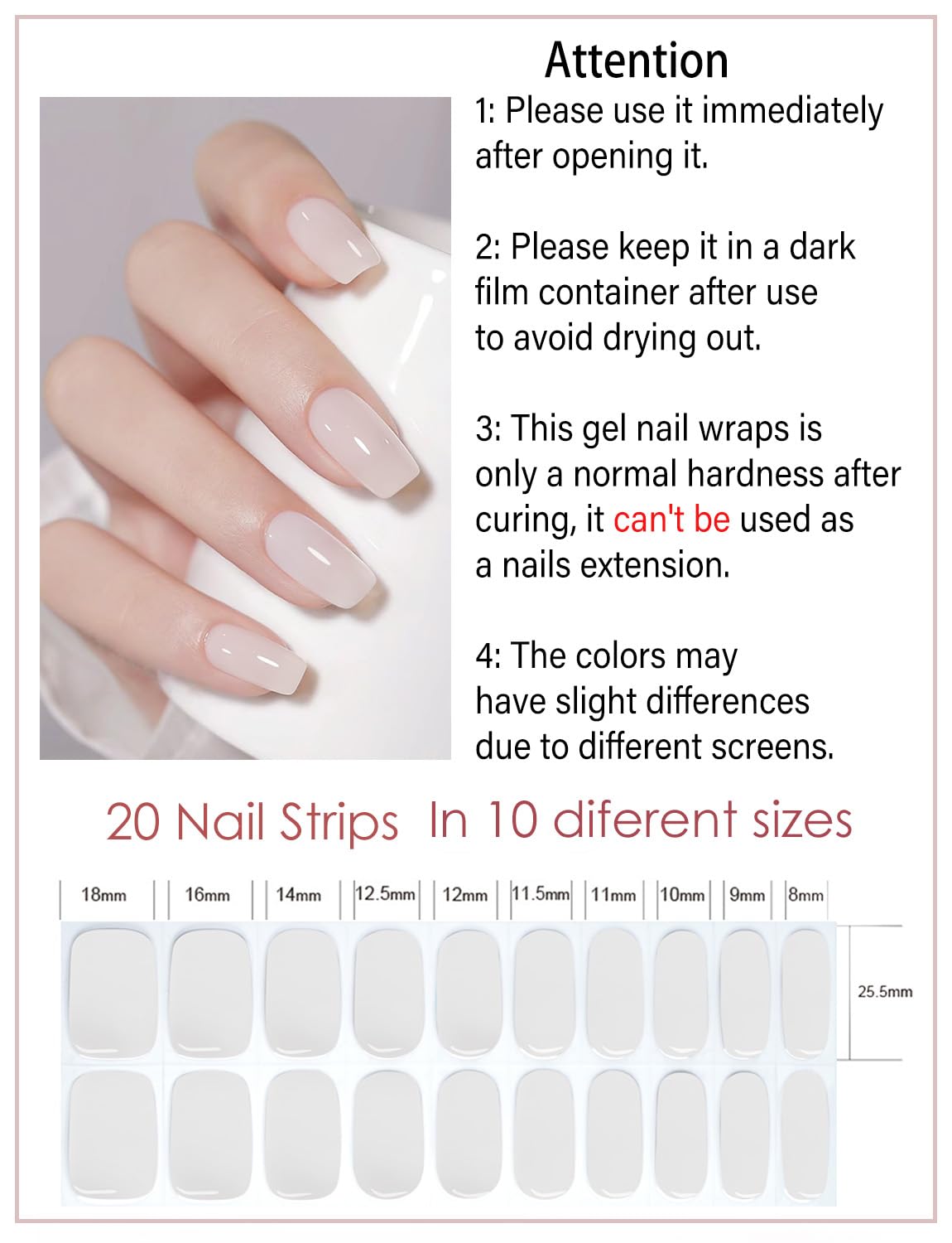 UV Gel Nail Stickers, Milky 20pcs Semi Cured Gel Nail Strips, Wraps for Home Manicure DIY