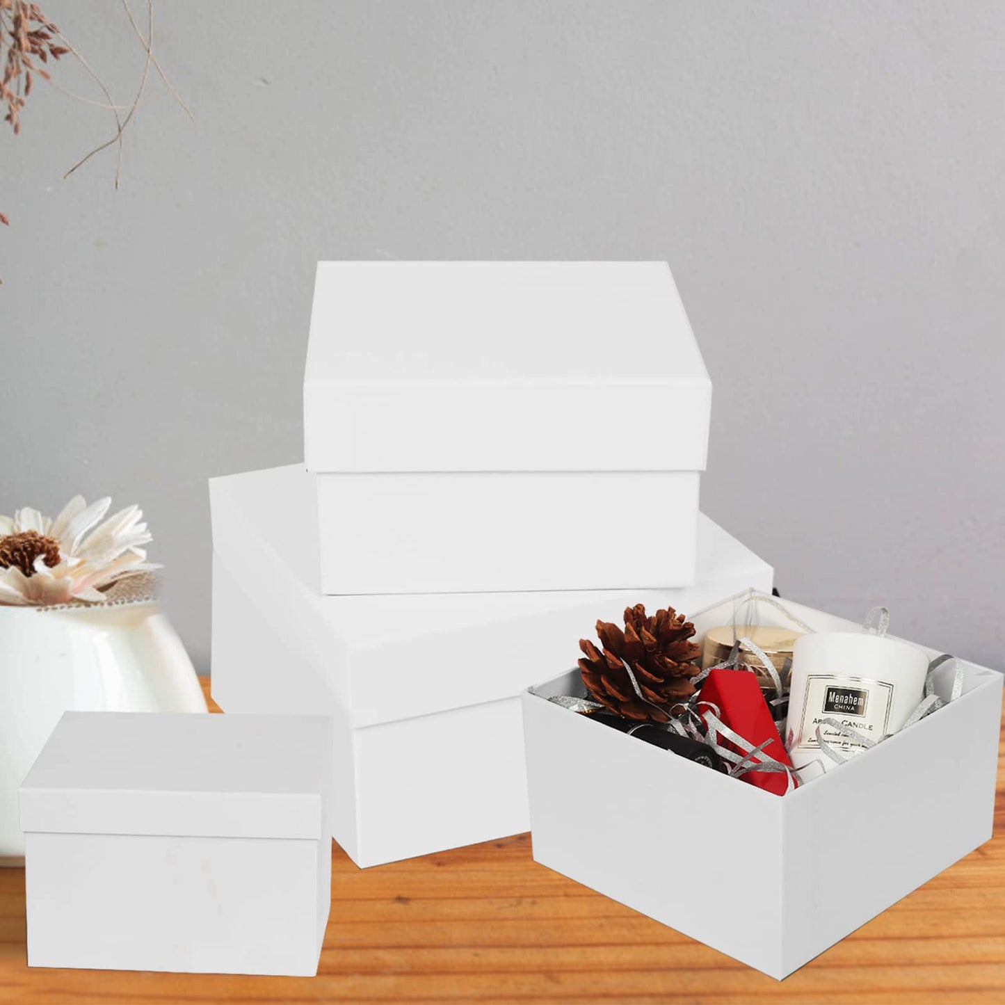 White Gift Boxes for Presents 4 Pack Nesting Gift Boxes with Lids，3.7“-6.4“ Assorted Sizes Square Stackable Boxes for Birthday Wedding Christmas Party Gift Wrapping