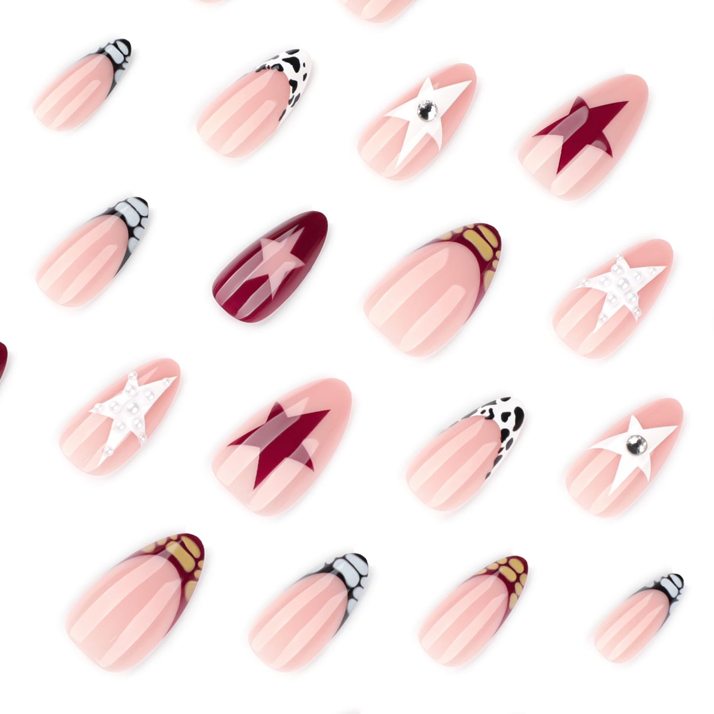 24pcs Star Press on Nails Medium Almond Fake Nails with Crocodile French Tip Designs False Nails Rhinestones Pearl Glue on Nail Full Cover Reusable Acrylic Stick on Nail for Women Manicure