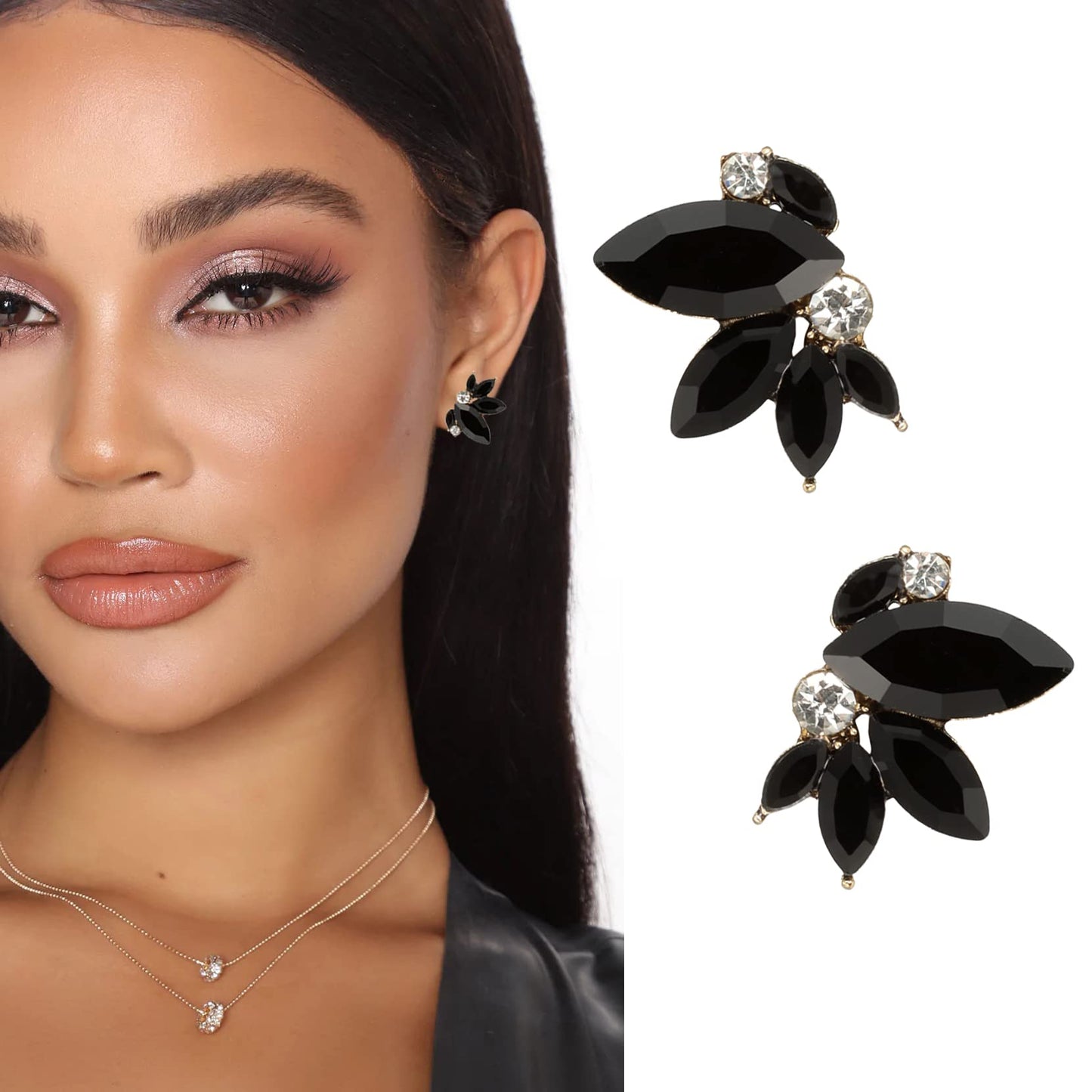 Black Rhinestone Earring Sparkly Faux Crystal Stud Earrings for Women Wedding Prom Party