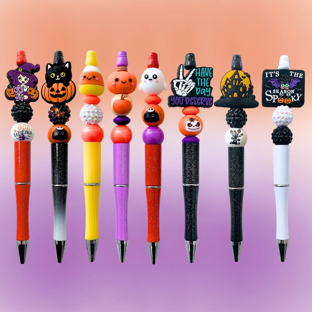 YJ PREMIUMS 8PC Halloween Bead Pens Cool Monsters Creepy Wicked Witch Spooky Scary Stuff Skull Pumpkin Haunted Birthday Decorations Decorative Desk Accessories Set School Office Supplies For Adults