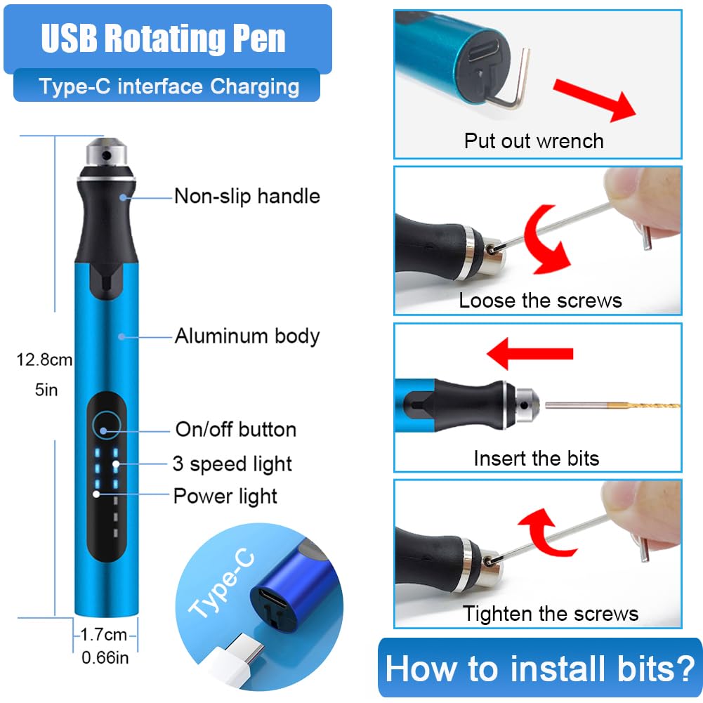 3D Printing Tools Kit,3D Printer Accessories, 3-Speed USB Rotary Tool with Bits & Deburring Tool for 3D Printing Burr, 3D Printer Model,Resin Model Engraving, Drilling, Carving, Polishing