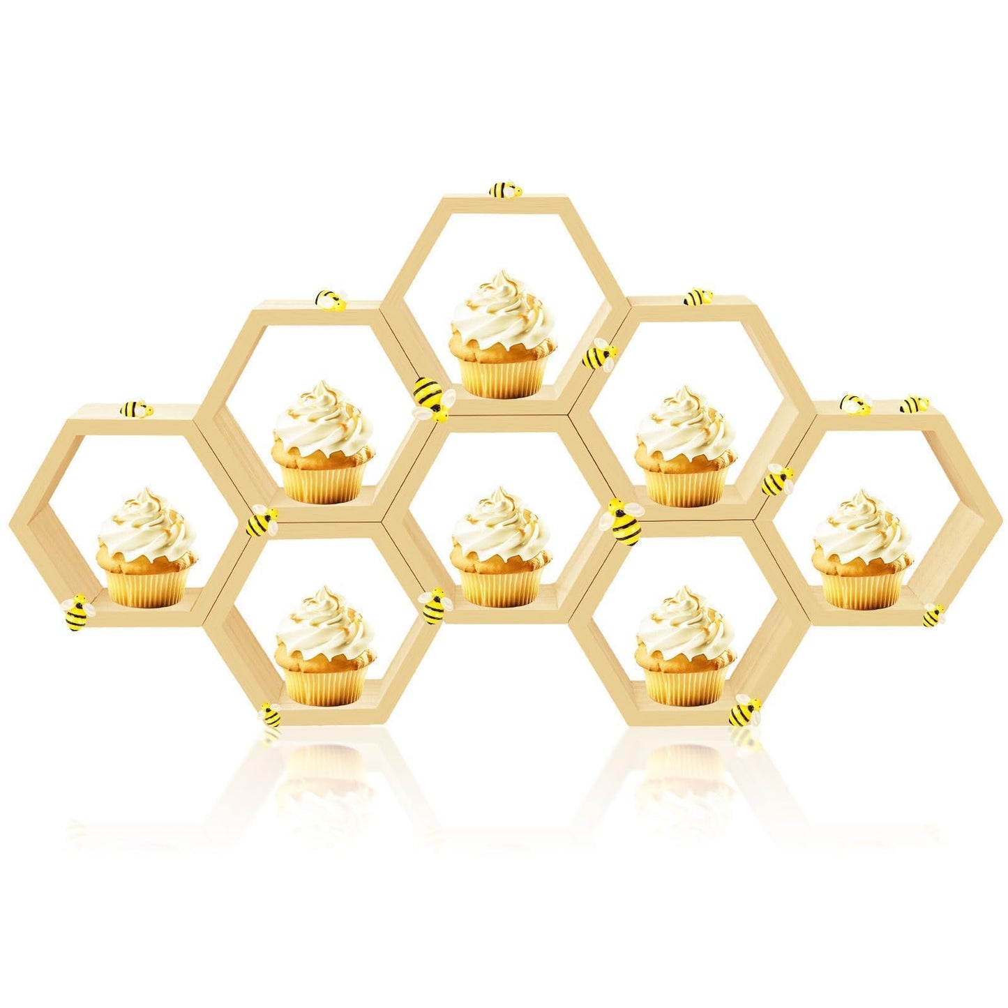8 Pcs 4.13 Inch Honeycomb Cupcake Stand Cake Farmhouse Hexagon Display Holder Hexagonal Wood Cupcake Stand Floating Table Sign with Wooden Bee for Wedding Baby Shower Birthday Party Table Decorations