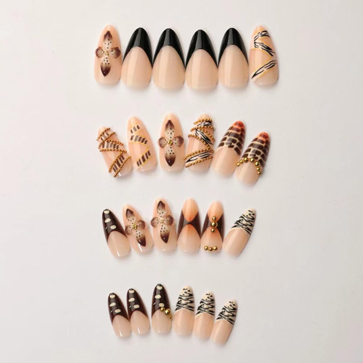 Medium Almond Press on Nails Brown Fake Nails 3D Flower False Nails Crocodile Zebra with Gold Beads Design Full Cover Glossy Glue on Nails for Women 24PCS