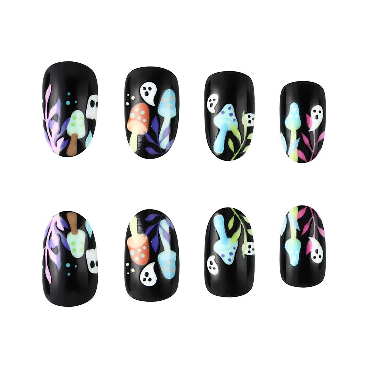 Ghost Press on Nails Halloween Short Fake Nails Mushroom Square False Nail Matte Full Cover Stick on Nails Black Halloween False Nail Acrylic Press on Nail Reusable Nail for Women 24Pcs