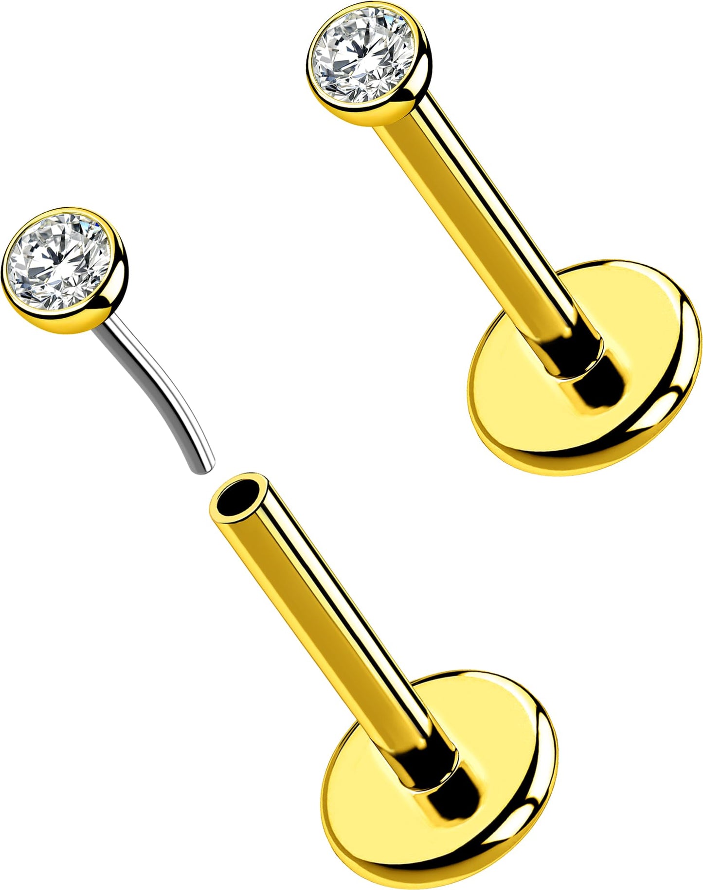 OUFER 2Pcs Nose Studs, 18G G23 Solid Titanium Threadless Nose Earrings Flat Back Tiny CZ 2MM Gold Nose Helix Cartilage Piercing Jewelry for Women Men-6MM