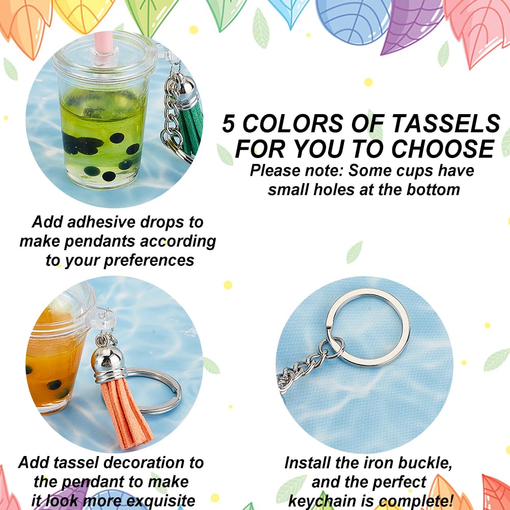 OLYCRAFT 218pcs Mini Cup Keychain Kit NO-Glue Bubble Tea Keychain Accessories Set Bubble Tea Keychains Kit Mini Cup Pendants with Rings Tassels Bubbles Straws for Key Chain DIY Earring Making