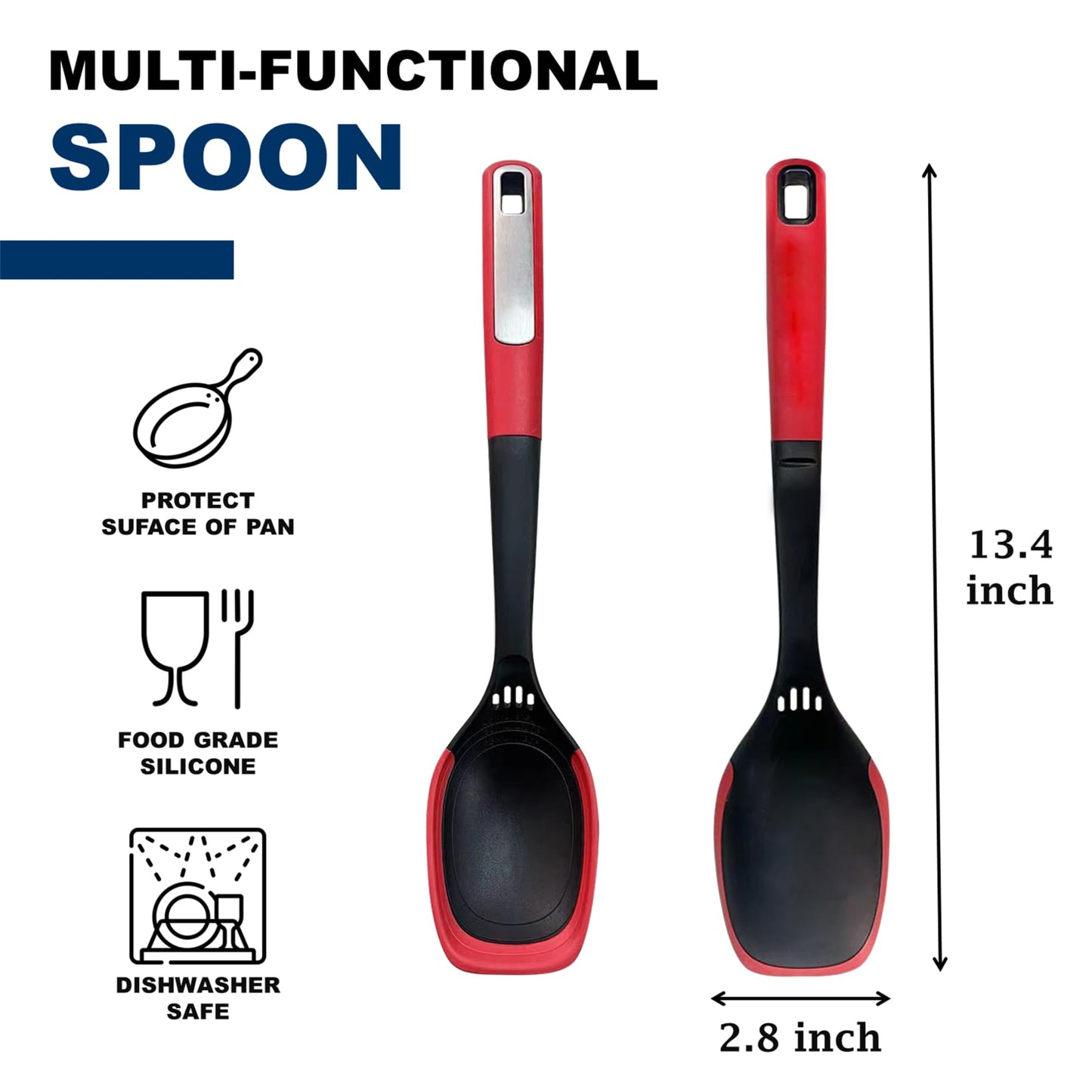 Multi-Functional Silicone Edge Cooking Spoon with Herb Stripper & Engraved Measurements – Heat Resistant, Dishwasher Safe, Non-Scratch Cookware Spoon, Red