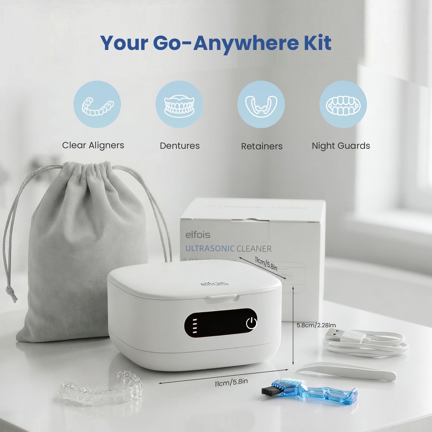 ELFOIS Portable Ultrasonic Retainer Cleaner with UV - Cordless Rechargeable Cleaner Machine for Invisalign, Aligners, Night Guards, Dentures | Travel-Ready with Built-in Mirror