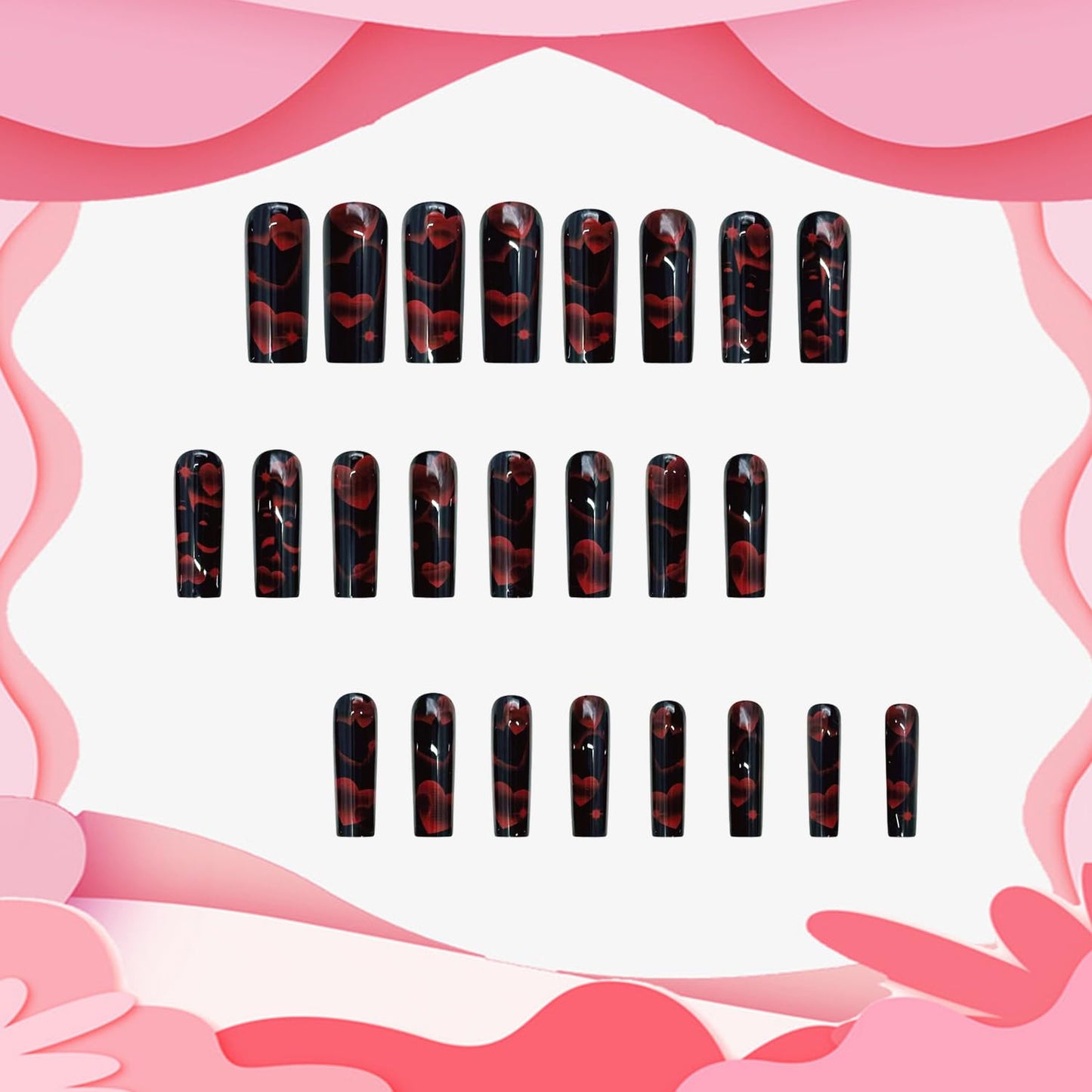 Black Heart Press on Nails Square Shaped Artificial Acrylic Fake Nails Red Love with Mask Design Full Cover Glossy Long Valentines Glue on Nail Artificial Fingernails for Women Festival Manicure 24Pcs