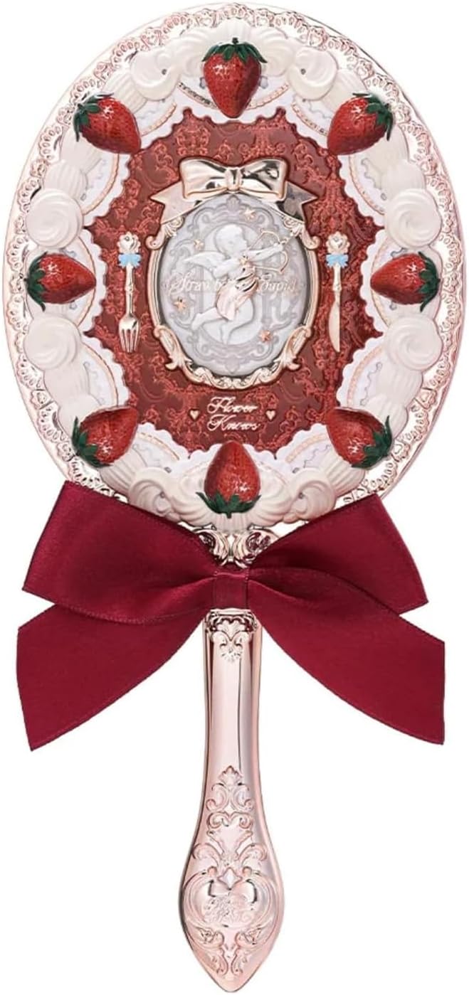 Flower Knows Strawberry Cupid Hand Mirror,Vintage Handheld Mirror,Fancy & Pretty Princess Mirror with Long Handle,Gift for Girls & Women(Red Velvet)