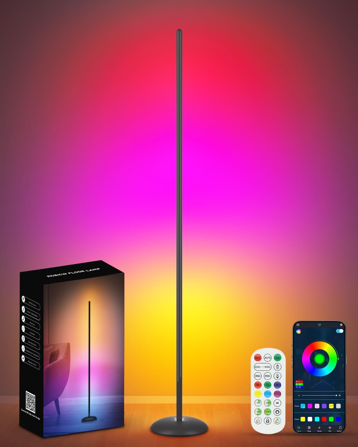 Corner Floor Lamp, Smart RGB LED Corner Lamp with App & Remote, Modern Floor Lamp with 16 Million Colors, Music Sync, Scene Modes, Color Changing Standing Lamps for Living Room, Bedroom