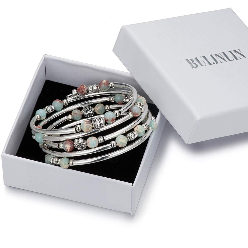 BULINLIN Wrap Bangle Rose Bead Bracelet - Beaded Bracelet with Natural Agate Stone Gifts For Women(01-Green)