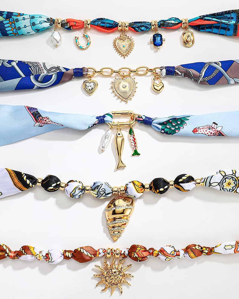 FAUTHENTICUTE Boho Scarf Necklace with Multi Heart Horseshoe Pearl Rhinestone Charms Summer Beach Statement Necklace for Women