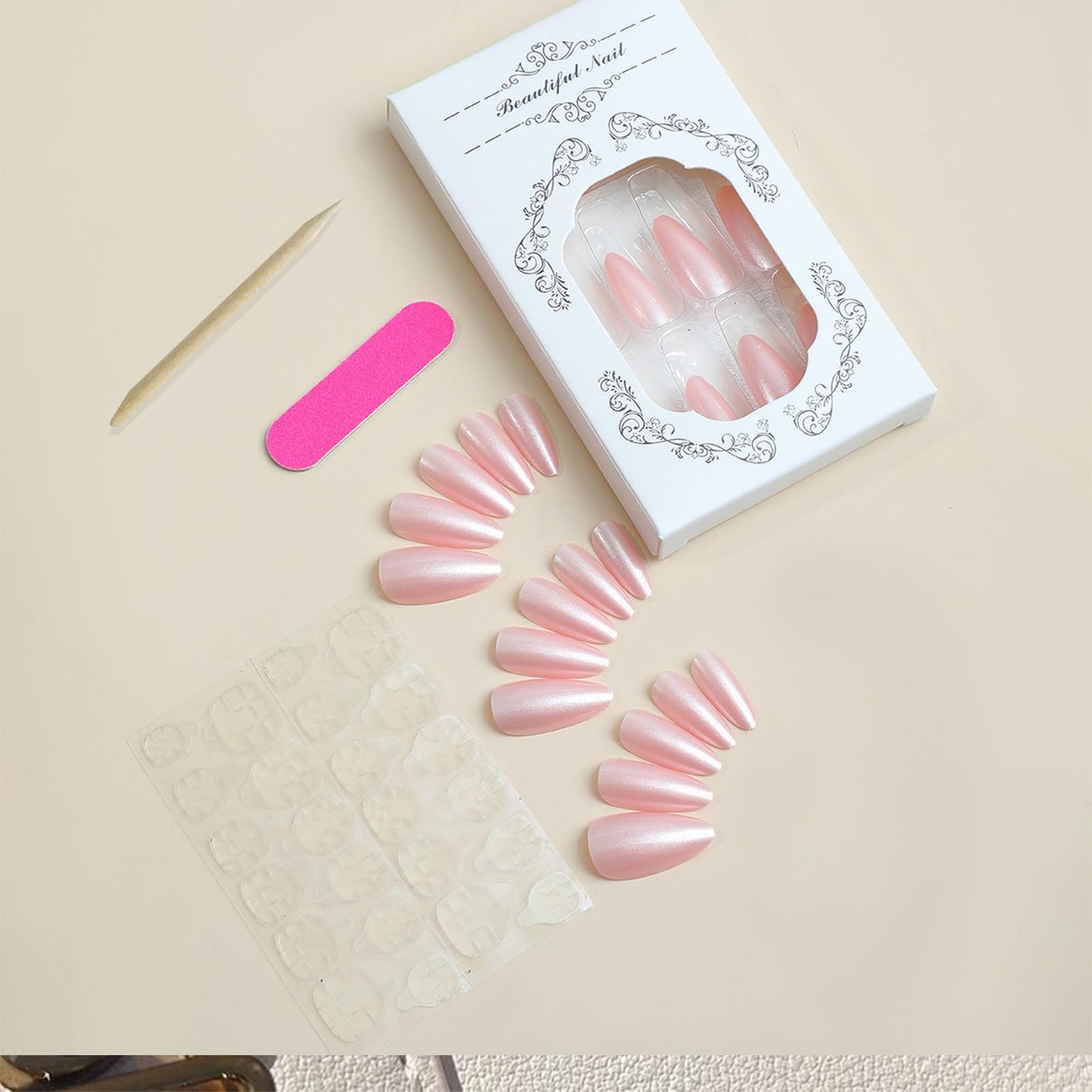 Pink Press on Nails Almond Medium Fake Nails with Design Shiny False Nails Press ons Glossy Full Cover Acrylic Glue on Nails Cute Artificial Stick on Nail for Women Manicure 24Pcs