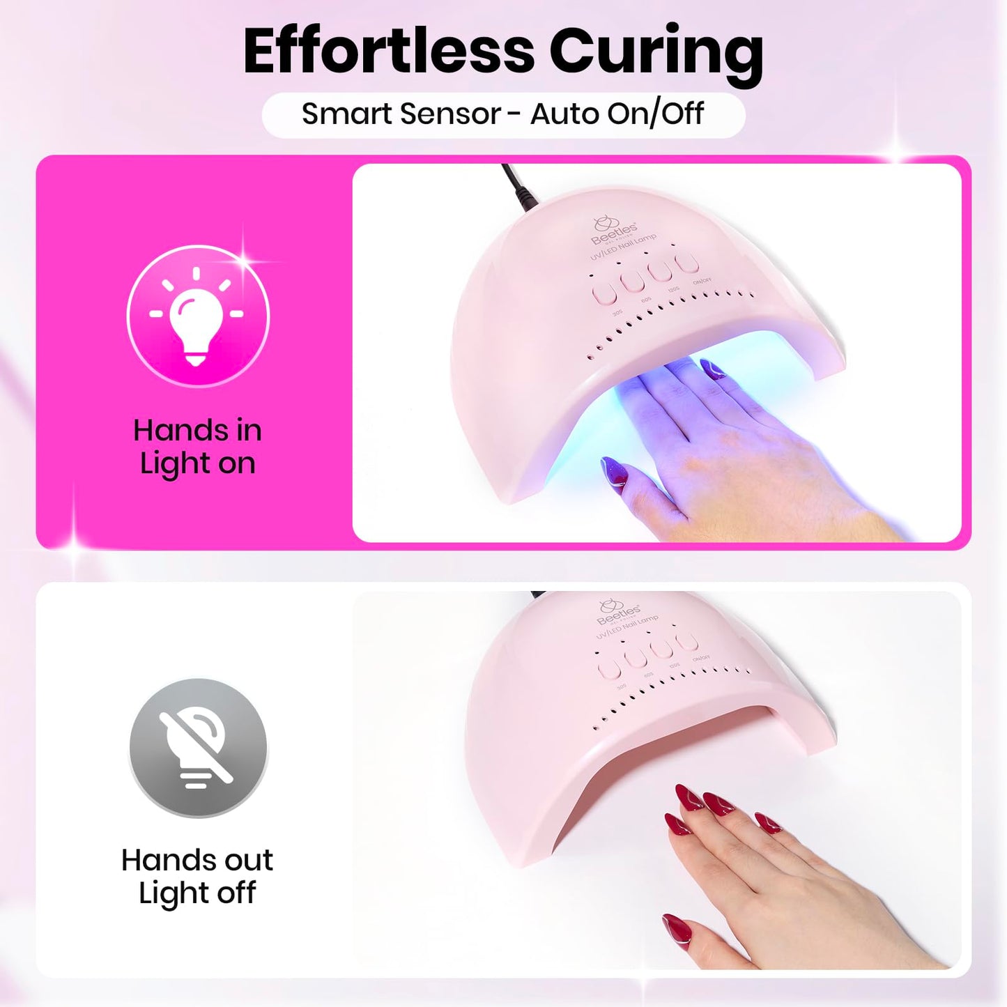 Beetles UV Nail Lamp - LED Nail Lamp with 3 Timer 30/60/120s UV Light for Gel Nails Smart Sensor Nails Dryer for Fast Curing Gel Polish Top Coat and Base Coat, DIY Salon Manicure Art Tools, Pink