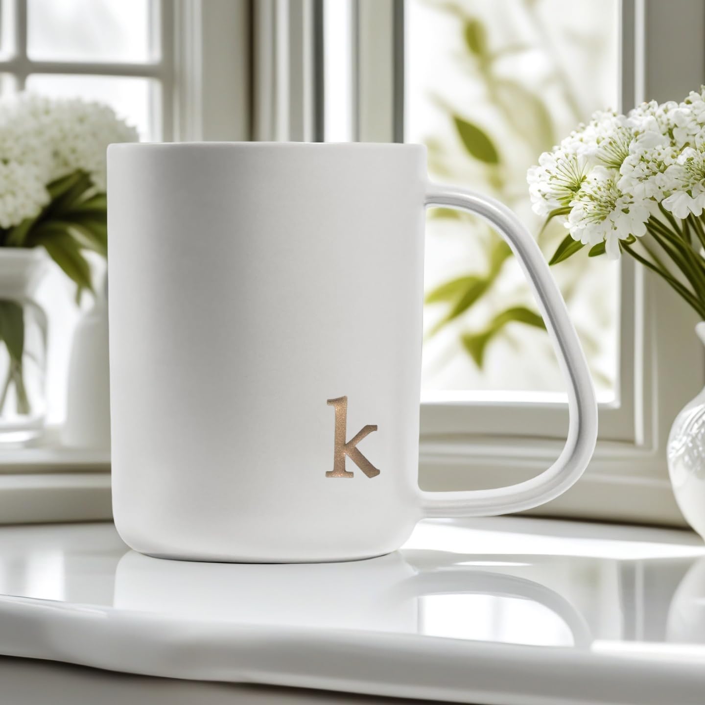 COLLECTIVE HOME - Ergonomic Handle Ceramic Mug, 15 oz Personalized Coffee Cup with Golden Initial, Microwave & Dishwasher Safe, Elegant Monogram Tea Mug in Gift Box for Home & Office (White-k)