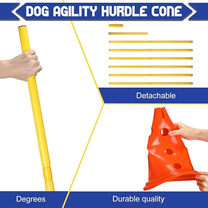 Glimin 10 Sets Dog Agility Hurdle Cone Set 20 Pcs Exercise Cones with 10 Pcs Rods Adjustable Obstacle Portable Agility Training Equipment Canine Pole(Orange and Yellow)
