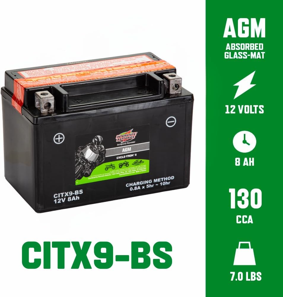 Interstate Batteries YTX9-BS 12V 8Ah Powersports Battery 130CCA AGM Rechargeable Replacement for BMW, Honda, Kawasaki Motorcycles, ATVs, Scooters (CITX9-BS)