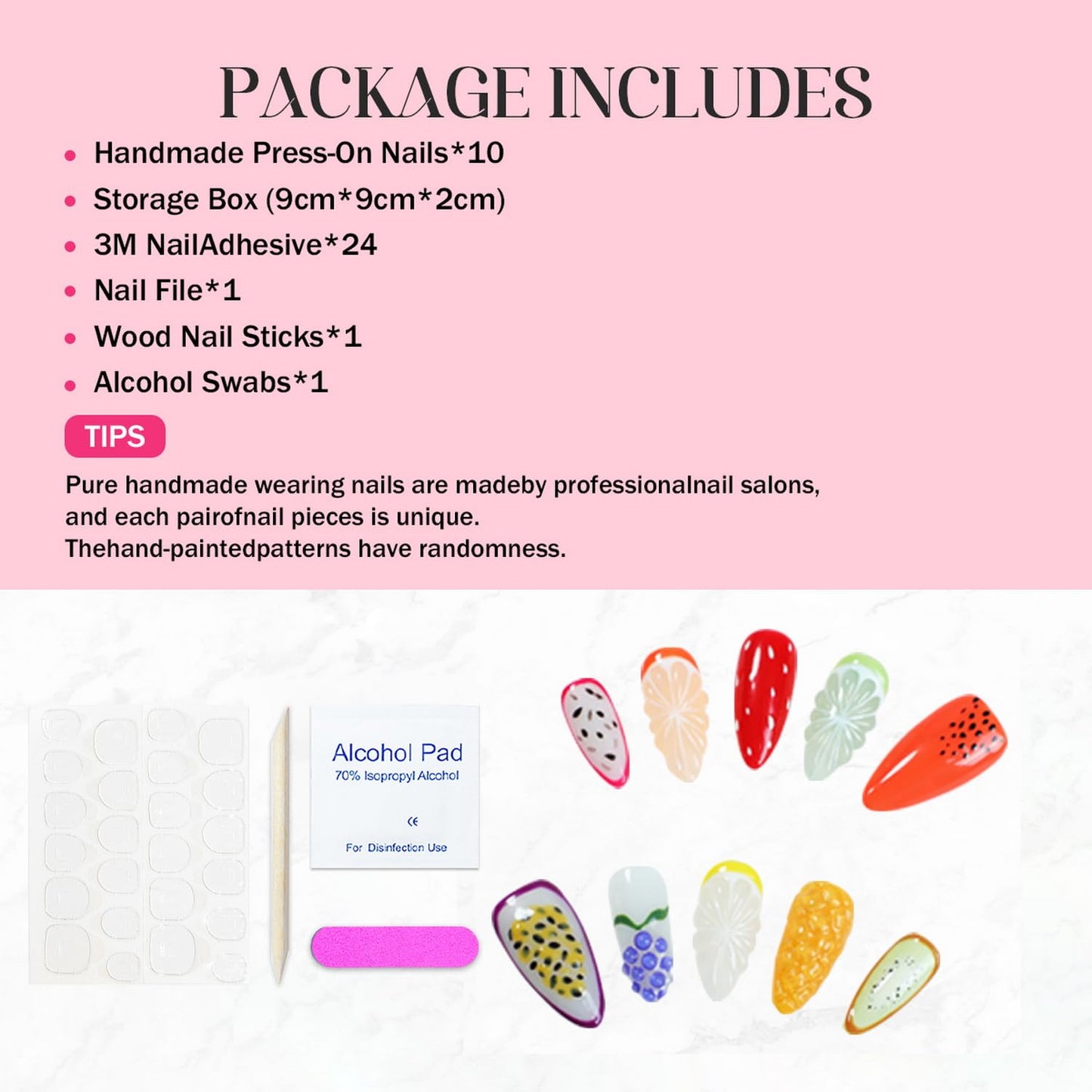 Handmade Fruit Press on Nails Luxury Thick Medium Almond Fake Nails with Lemon Grape Mango Pattern Design Muti-Layer Gel Spring Summer Fruit False Nails Full Cover Acrylic Nails for Women (Size S)