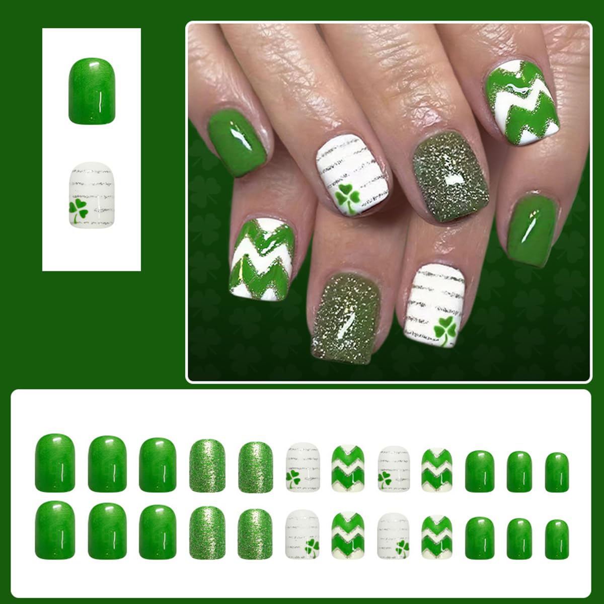 24Pcs St. Patrick's Day Press on Nails Short Square Green Fake Nails with Clover Stripes Designs White Nails Tip Kit Glossy Full Cover Glitter Glue on Nails Reusable Stick on Nails for Women