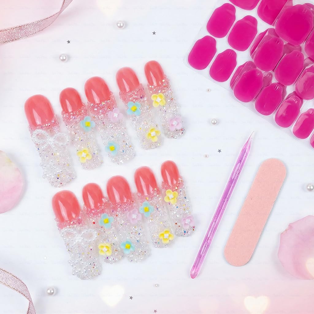 IntoVibes 3D Sugar Crystal Flower Press On Nails,Handmade Curved Down Groove Design, Pink Long Nails with Frosted Crystal Beads Cute Pastel Flowers, Reusable Fake Nails, Square Acrylic Nails(L)
