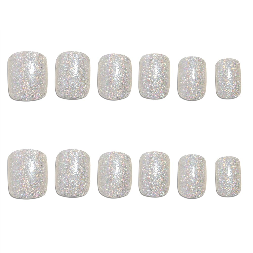 Hrnsnails Glitter Press On Nails Short Square Fake Nails with Silver Glitte Nail Press Ons Design, Artificial False Nails Press On Nail Kit Sparkly Stick On Nails for Women