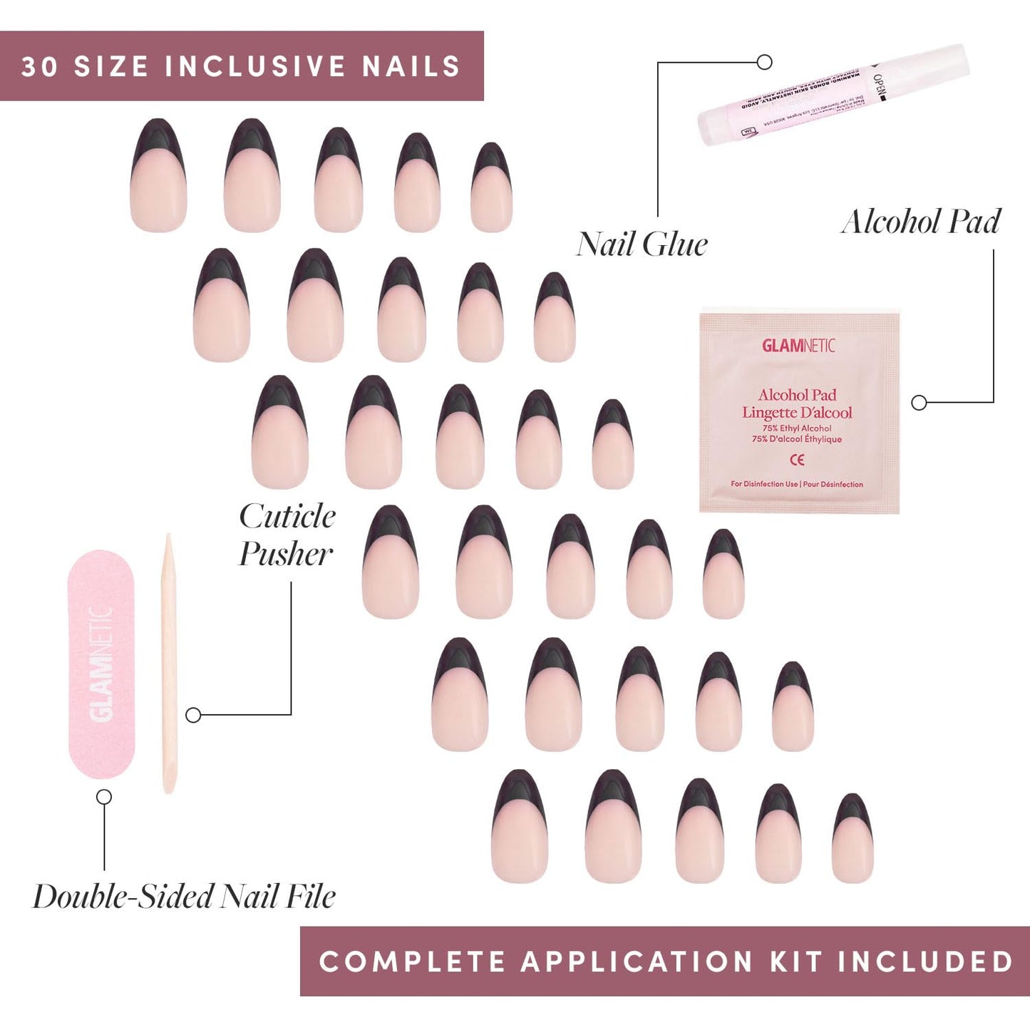 Glamnetic Press-On Nails Bundle - Bare Bliss & Caviar | Medium Square Fake Nails, Nude Opaque Neutral | Short Almond Black French Tip False Nails | Durable, Salon-Quality Nail Kits