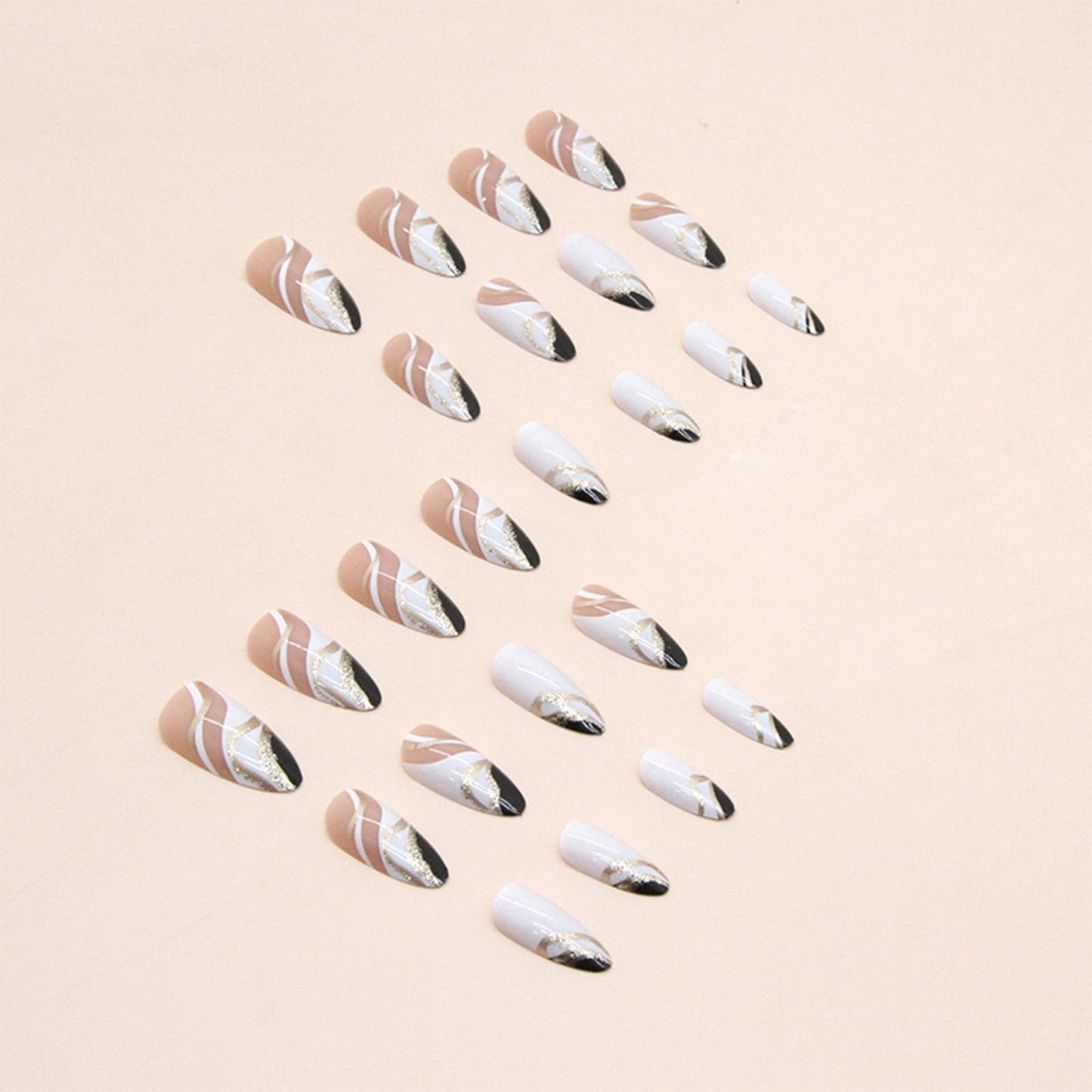 Almond Press on Nails Medium Fake Nails White False Nails Press ons with Designs White Black Glue on Nails Glossy Full Cover Acrylic Artificial Stick on Nail for Women Decorations 24Pcs
