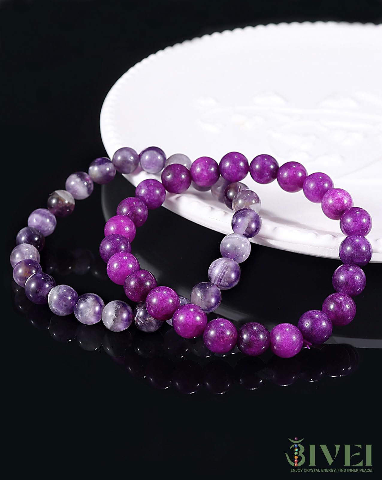 Bivei Natural Gemstone Semi Precious Crystals Handmade Stretchy Round Beads Bracelet, Enhance Positive Energy,Stocking Stuffers for Women(Dog-Tooth Amethyst & Sugilite (Love & Happiness) Large)