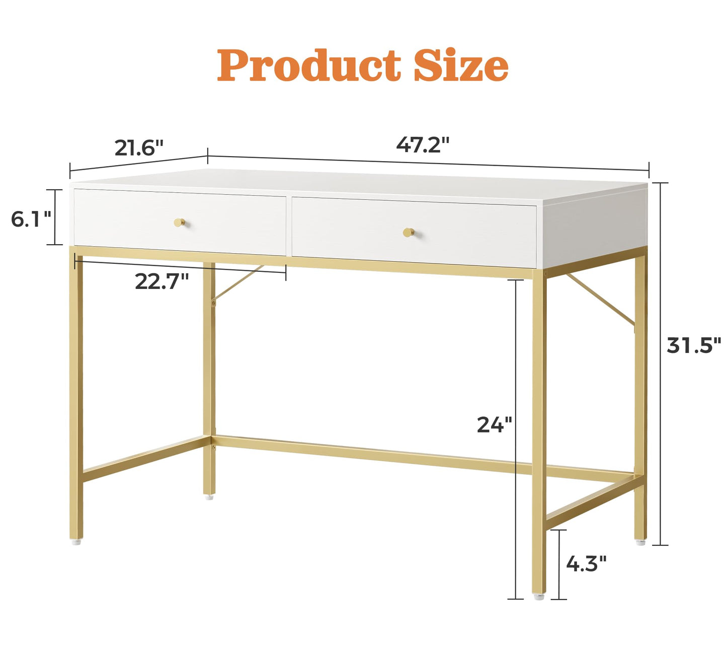SUPERJARE Vanity Desk with Drawers, 47 inch Computer Desk, Modern Simple Home Office Desks, Makeup Dressing Table for Bedroom - White and Gold