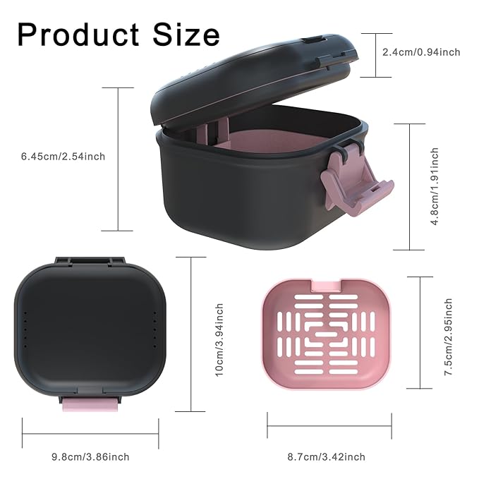 BVN Leakproof Denture Cup, Upgraded Carrying Storage, Denture Bath Box with Filter, Denture Cup for Soaking Dentures, Travel Retainer Cleaning Case (Black+Pink).