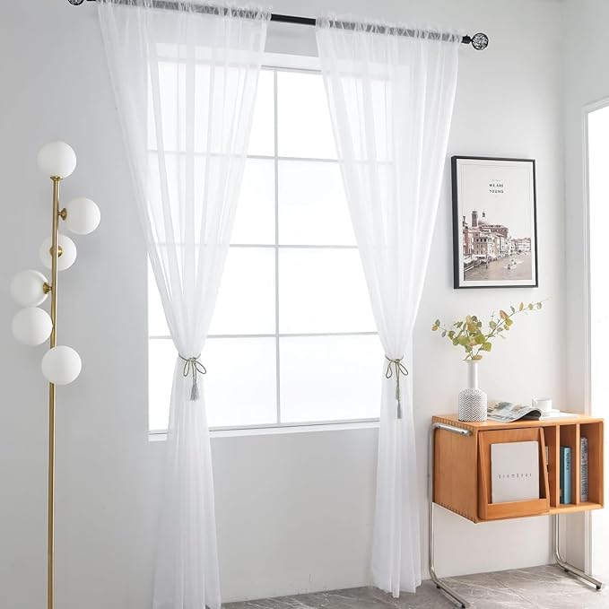 SpaceDresser Sheer White Curtains 4 Panels Rod Pocket Semi-Sheer Curtain 54 Inches Long Light Filtering Voile Window Drapes for Bedroom Living Room Kitchen, Each 52W x 54L