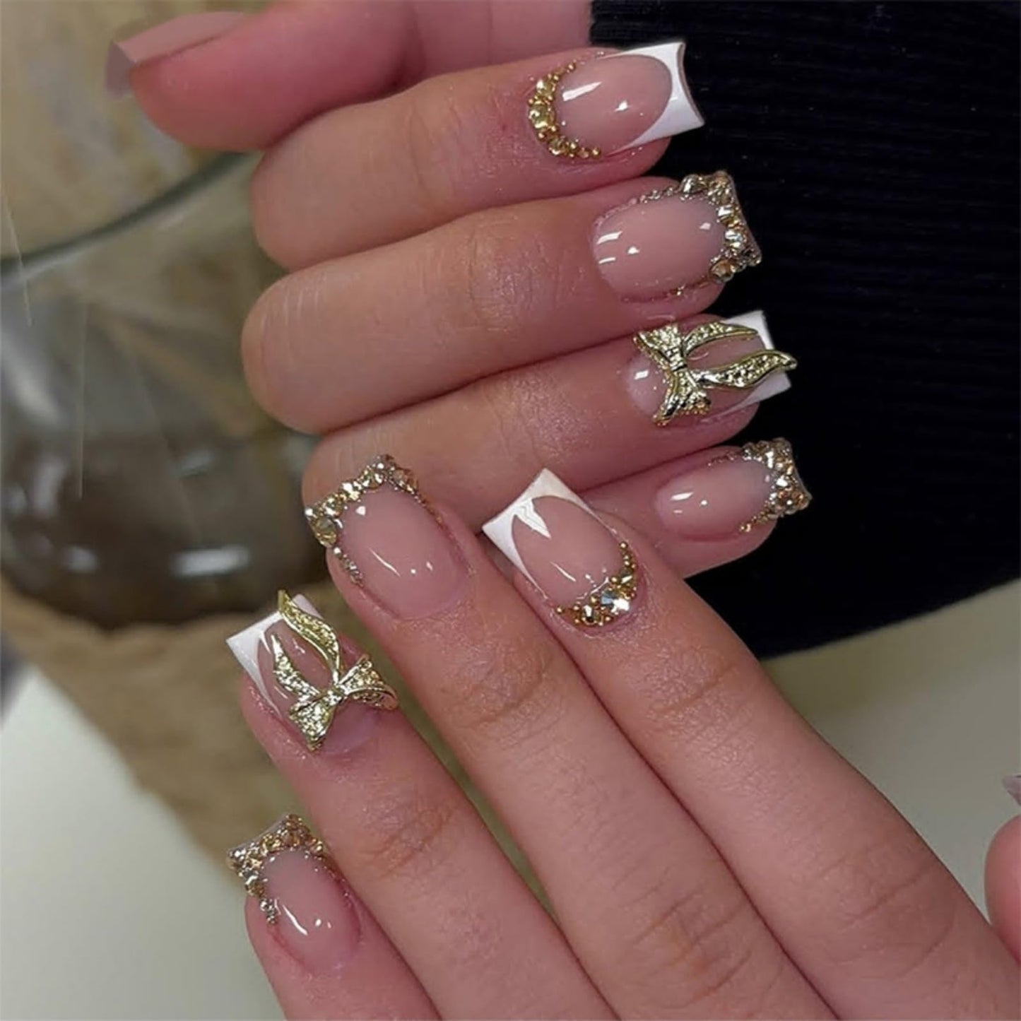 White French Tip Press on Nails Bow Fake Nails with Rhinestone Design Short Square False Nail Glossy Full Cover Reusable Artificial Acrylic Stick on Nail for Women Manicure 24Pcs