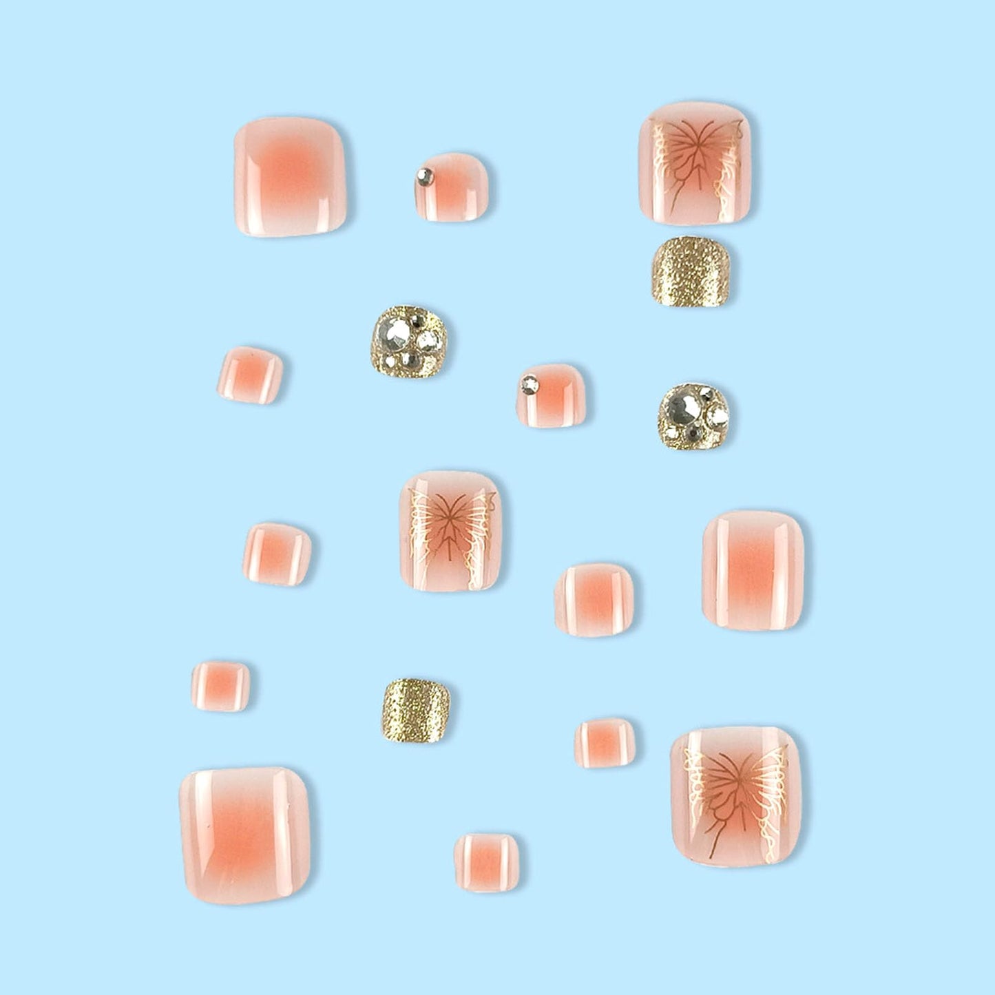 Spring Press on Toenails Nude Gradient Fake Toe nails with Gold Butterfly Glitter Designs Glossy Short Square Toe nails Press ons Acrylic Stick on Toenails for Women 24Pcs