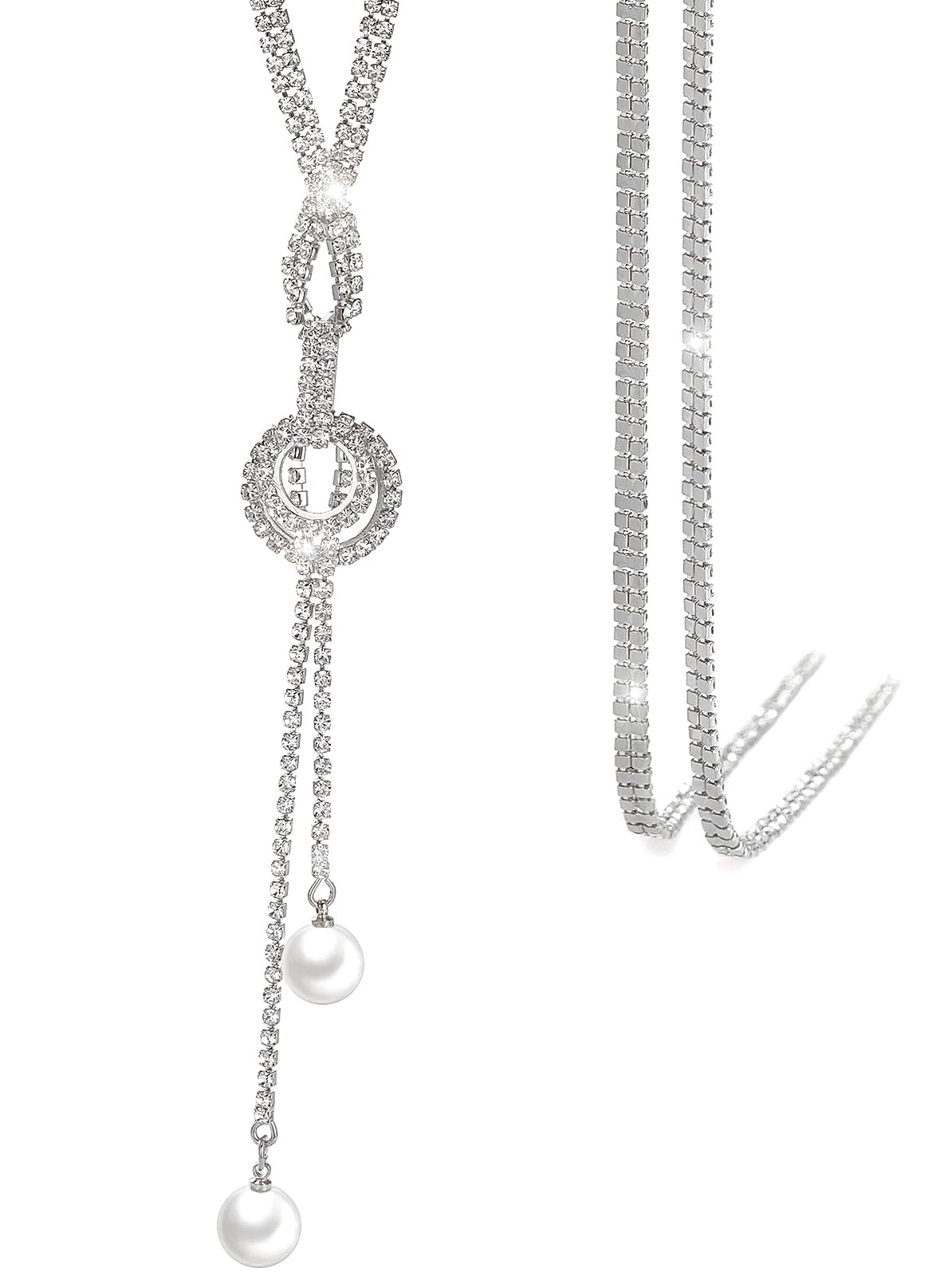 Suyi Trendy Crystal Long Necklace All-Match Style Shining Clothing Sweater Chain Pearl Silver 2
