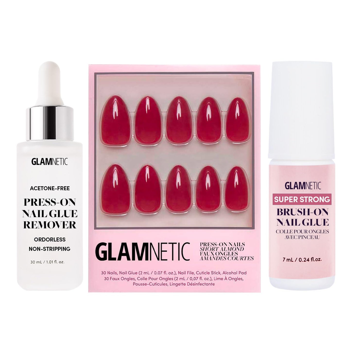 Glamnetic Press-On Nails - Classic Red | Opaque Timeless Red Short Almond Short False Nails | 15 Sizes - 30 Nail Kit with Glue and Remover