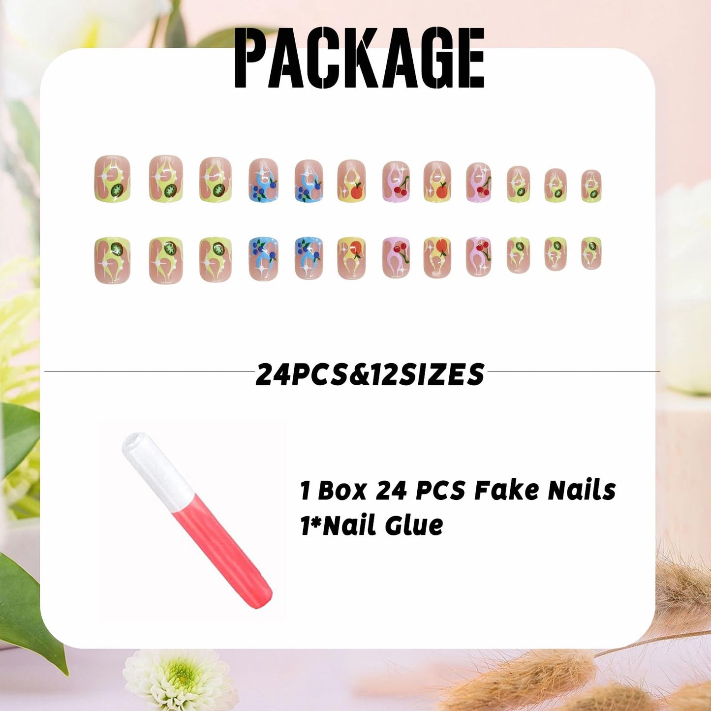 IMSOHOT Press on Nails Short Square Fake Nails Colorful French Tips False Nails with Flame & Fruit Designs Nude Glossy Full Cover Cute Summer Acrylic Squoval Stick on Nails 24Pcs