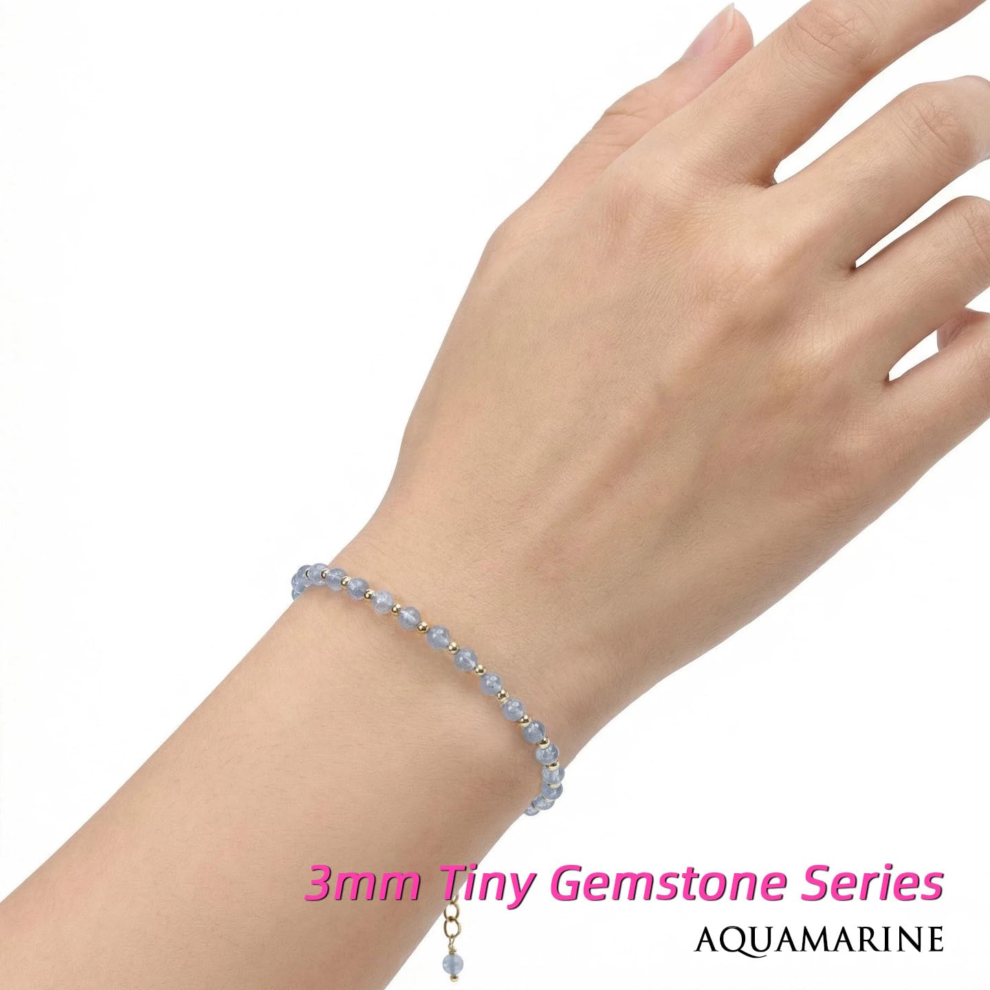 Morchic 3mm Blue Aquamarine Natural Gemstone Beaded Bracelet for Women, Dainty Tiny Charm Jewelry, Adjustable 7.1-8.6", Ideal Birthday Holiday Gift