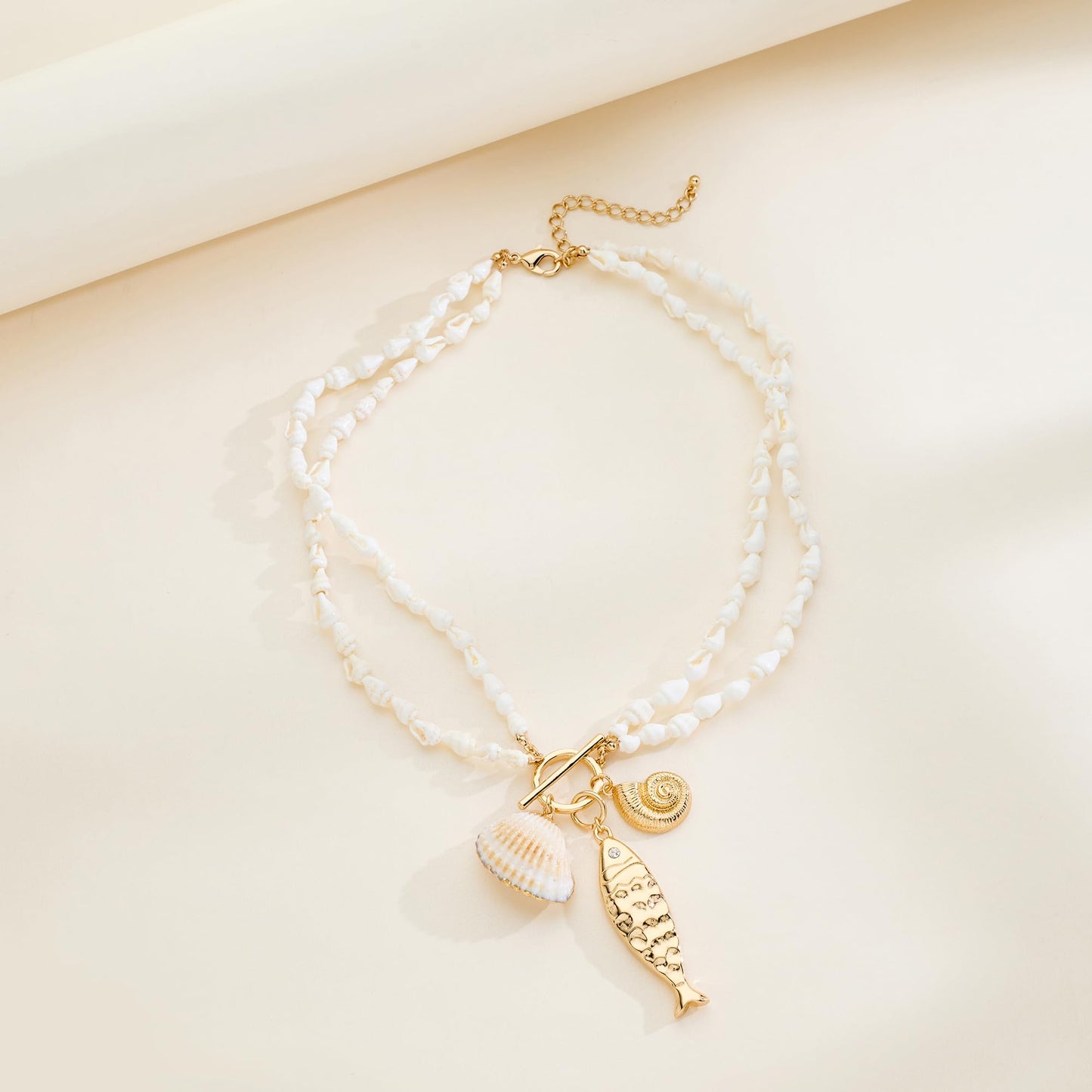 ENSKEFEN Gold Fish Necklaces for Women Double-layer White Shell Beads Necklace Mermaid Seashell Conch Pendant Necklaces Summer Beach Statement Necklace