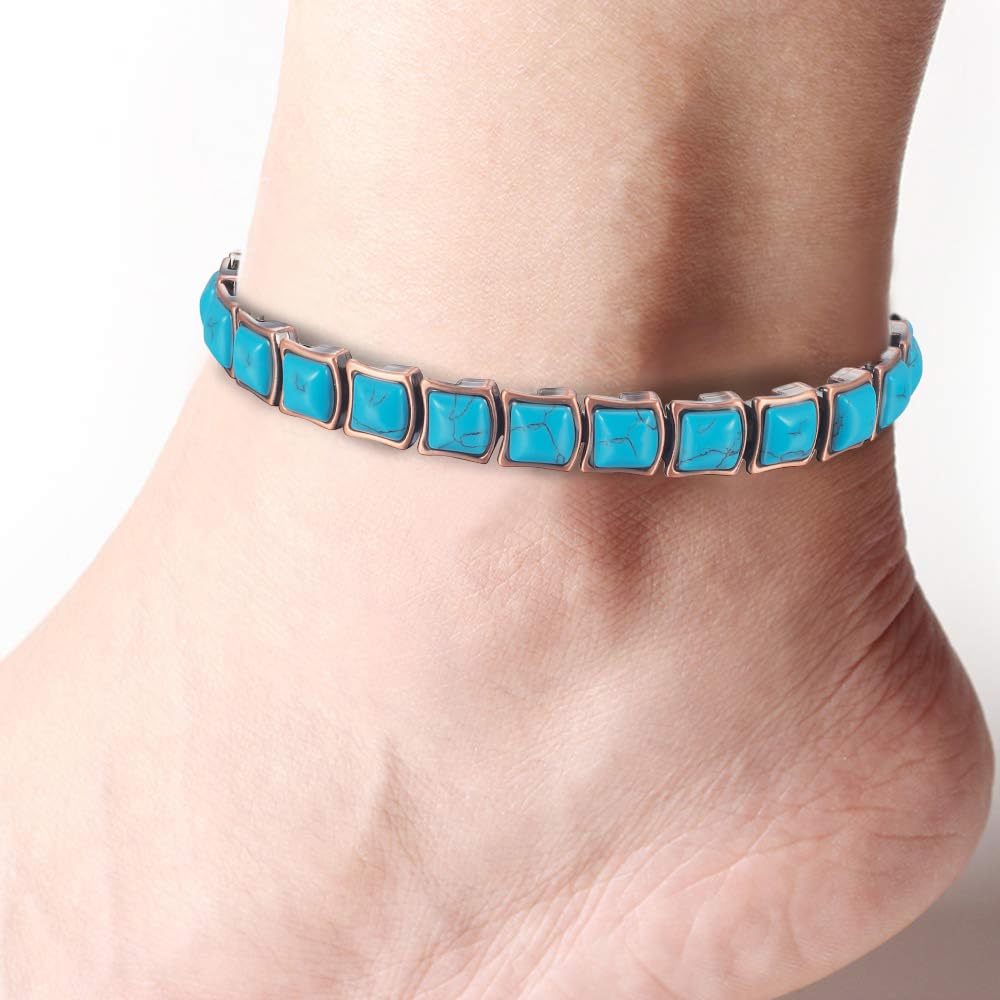 EnerMagiX Copper Anklet for Women, Pure Copper & Turquoise Magnetic Bracelet, Modern Style (0037)