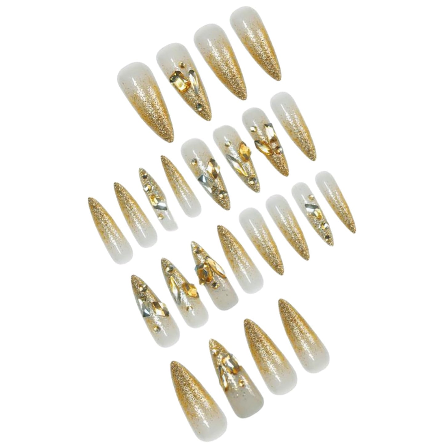 IMSOHOT Golden Press on Nails Long Stiletto Fake Nails Rhinestone & Glitter Full Cover Glue on Nails Glossy Acrylic Luxury Bling False Nails Handmade Artificial Stick on Fingernails