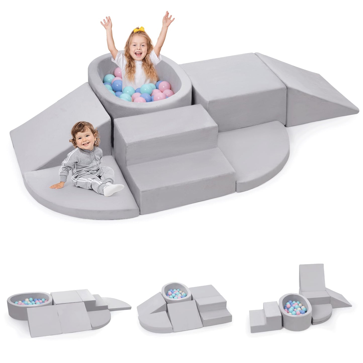 Rinnebbit 7-Piece Foam Climbing Blocks for Toddlers, Baby Climb and Crawl Soft Play Set with Ball Pit, Machine Washable Cover, Indoor Activity Play Structure, Climbing Toys for Toddlers 1-3 (Gray)